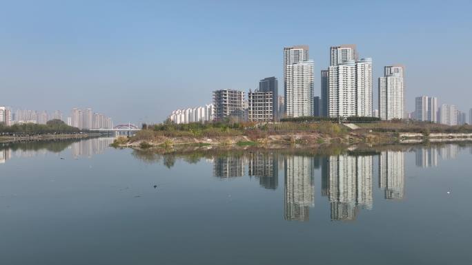 航拍襄阳三江口汉江小清河唐白河城市风光