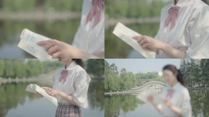 4K_女孩在湖边读书看书