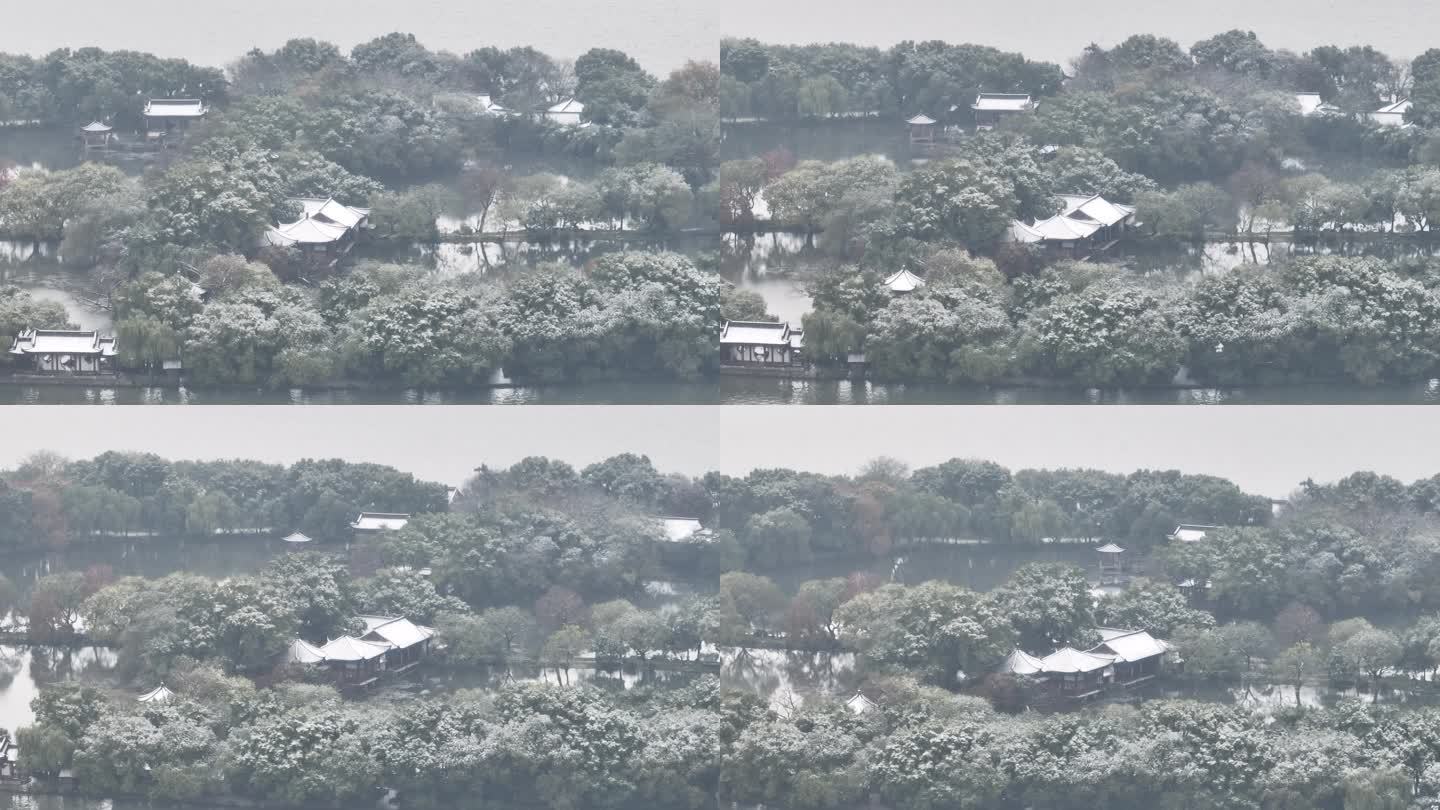 航拍杭州下雪雪中西湖小瀛洲