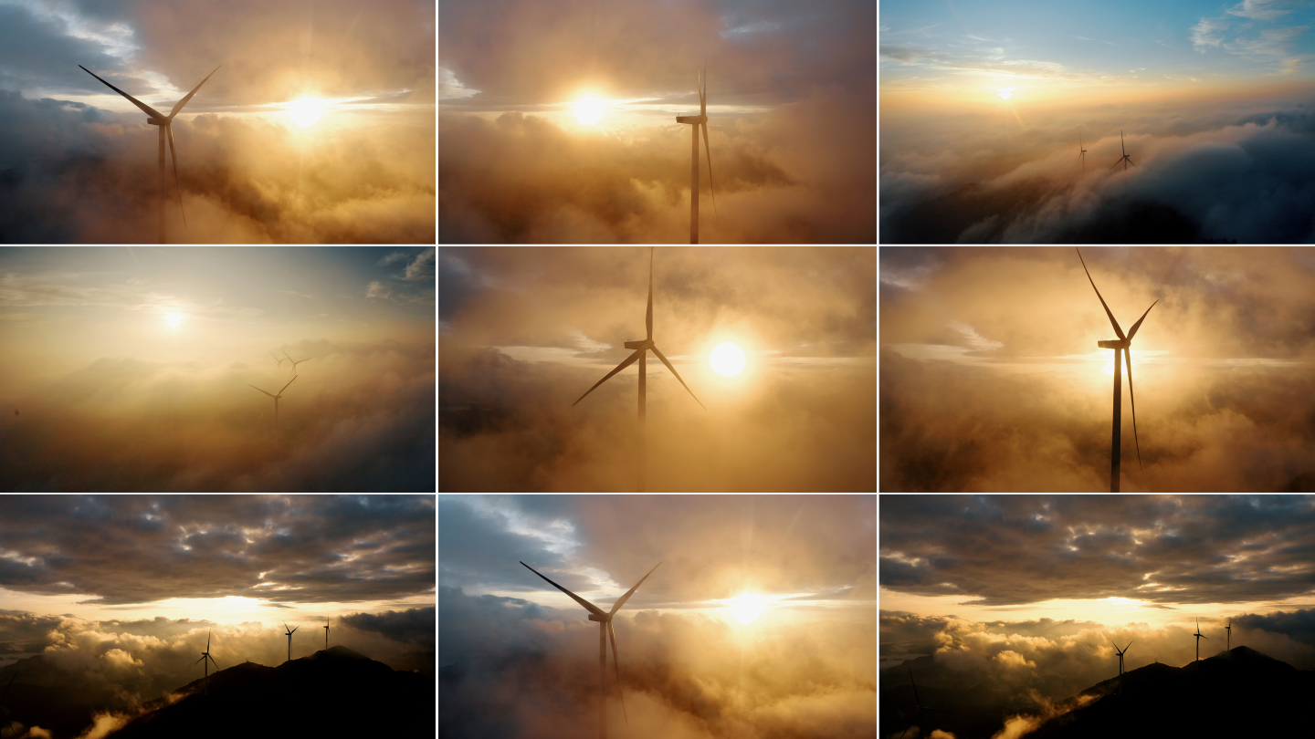 新能源清洁能源风车日出云海风力发电