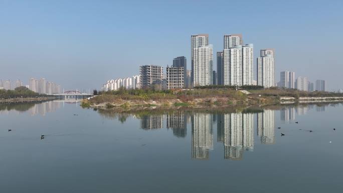 航拍襄阳三江口汉江小清河唐白河城市风光