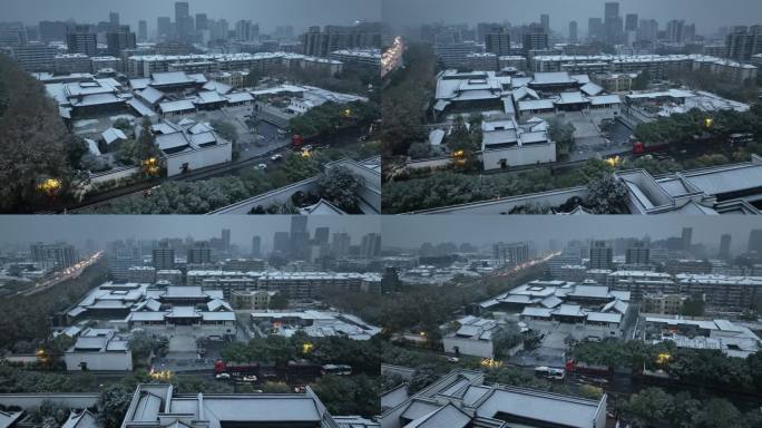 杭州下雪航拍雪中德寿宫
