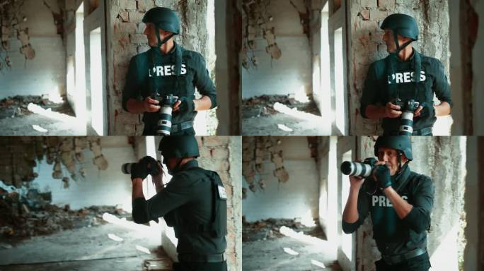 穿着防弹背心和防护头盔的成熟男战地记者在战区军事行动中拍照