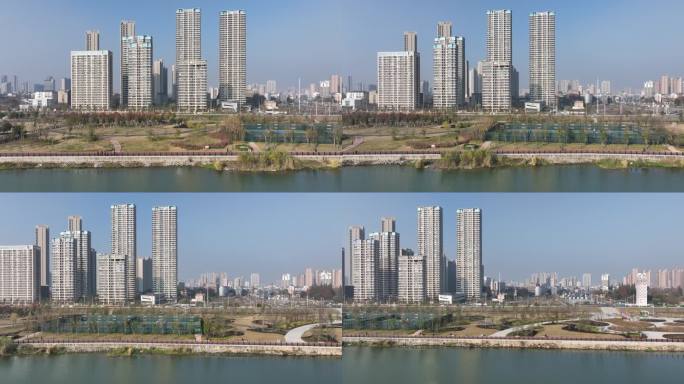 航拍襄阳樊城江滩公园城市建筑风光自然风景