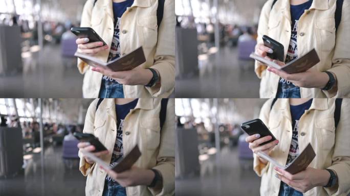在关西机场，一名女旅游商人正在用电话查询机票