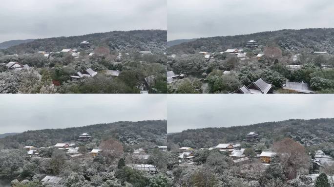 航拍杭州下雪雪中净慈寺