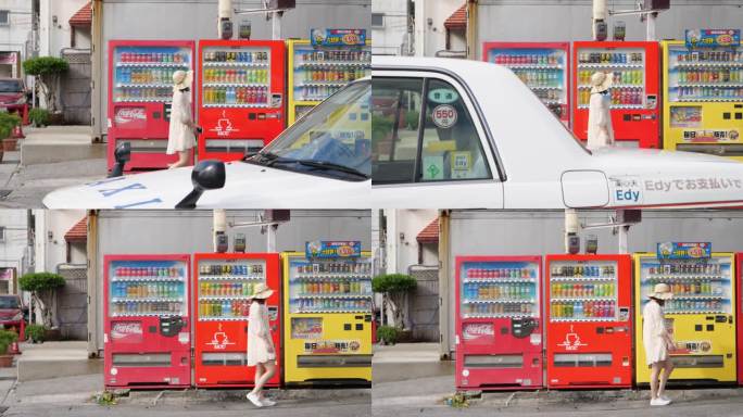 少女走在日本自动贩卖机街头