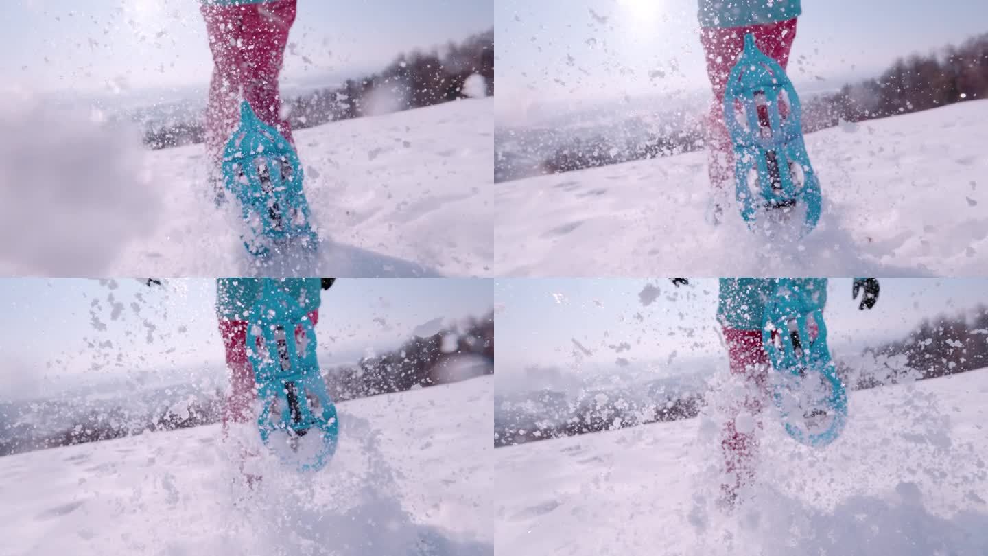 镜头光晕，慢动作，特写:穿着雪鞋的女士，雪在她身后飞舞