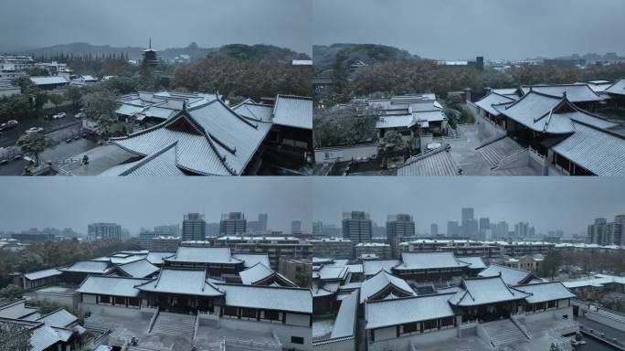 航拍杭州下雪雪中德寿宫