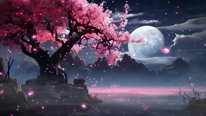 唯美月光桃树花瓣飘落