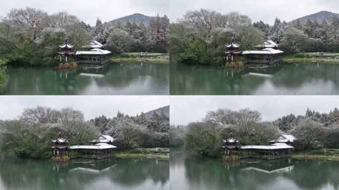 航拍杭州下雪雪中浴鹄湾霁虹桥