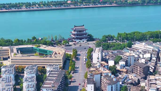 湖南长沙湘江杜甫江阁茶馆航拍城市地标风景