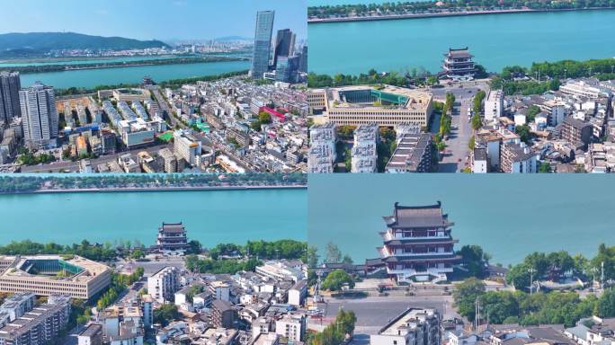 湖南长沙湘江杜甫江阁茶馆航拍城市地标风景