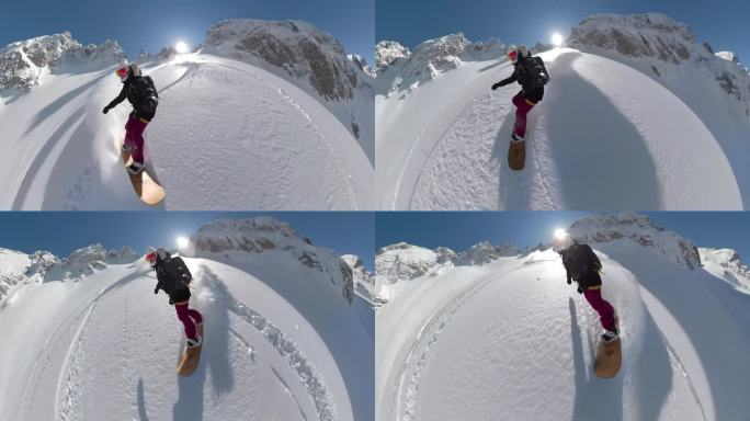 自拍，镜头光晕:一位微笑的女士在粉雪中愉快地滑雪