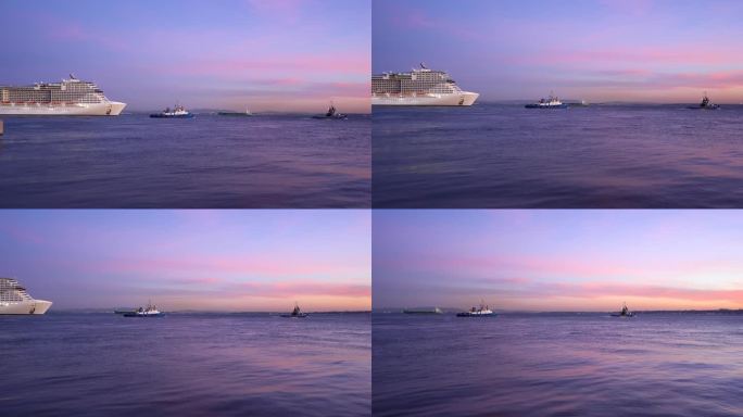 壮观的MSC Virtuosa号邮轮在日落时分离开里斯本港。