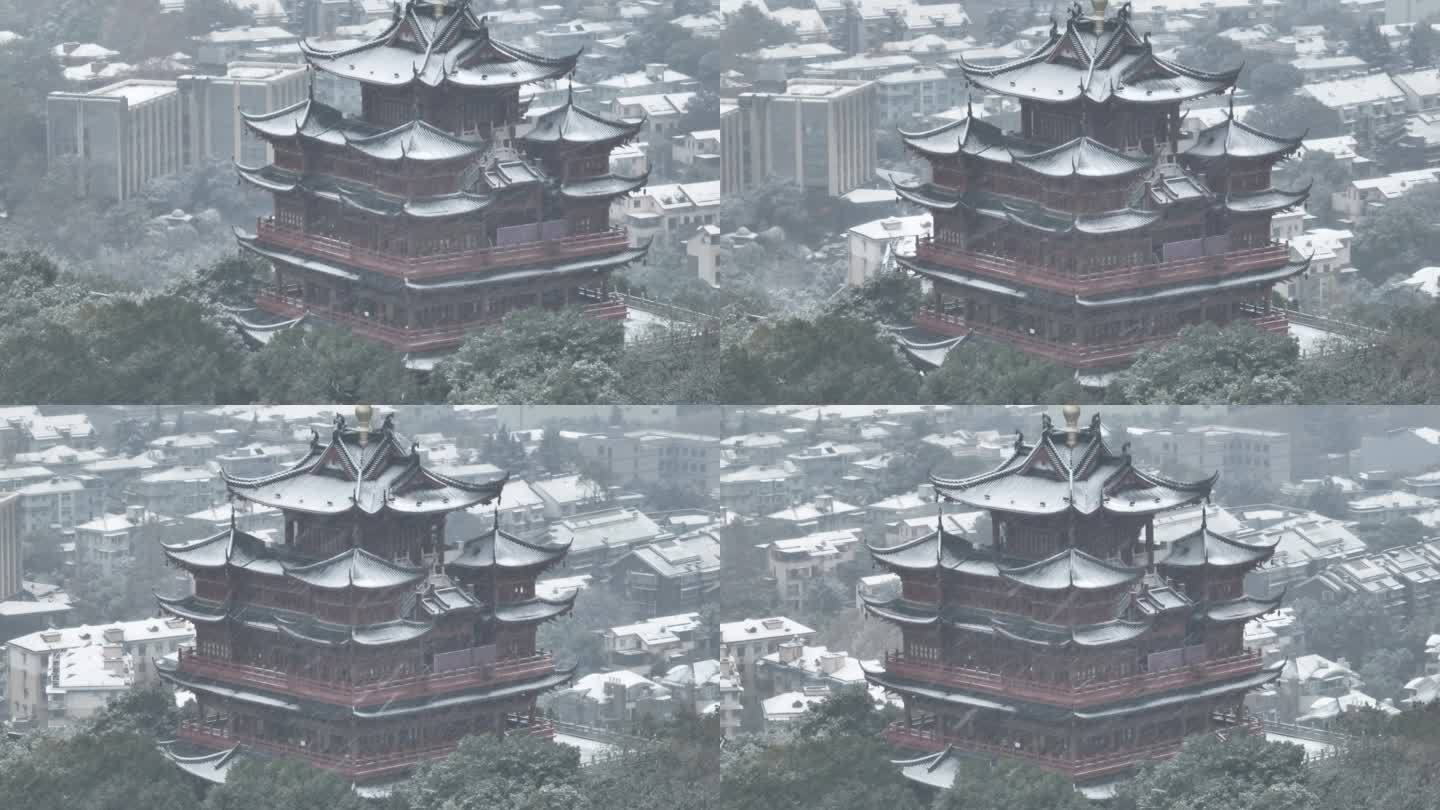 航拍杭州下雪雪中城隍阁