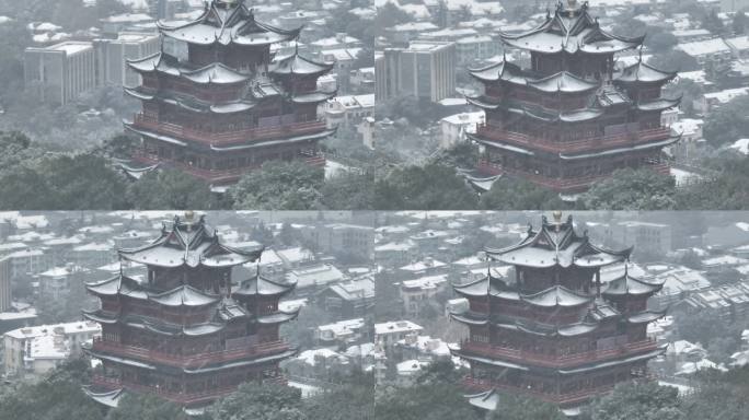 航拍杭州下雪雪中城隍阁