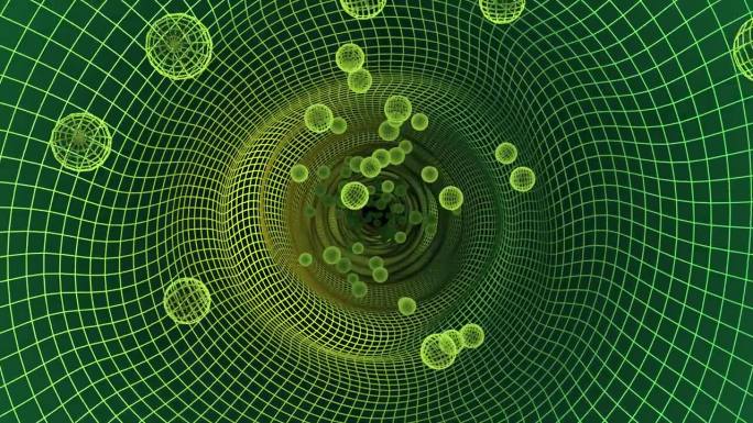 循环动画的抽象绿色隧道与发光的网格和飞行的黄色球体，4k, 60fps