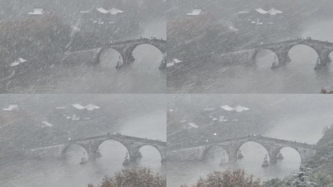 航拍杭州下雪拱宸桥