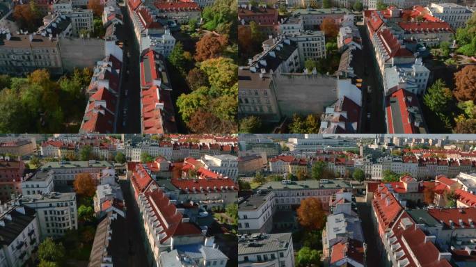 华沙老城区的无人机全景图。背景中的公寓楼、狭窄的街道、停着的汽车、树木和摩天大楼展现了波兰首都的多样