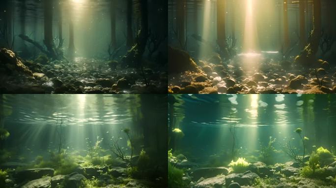 水下镜头视角森林水下鱼群热带