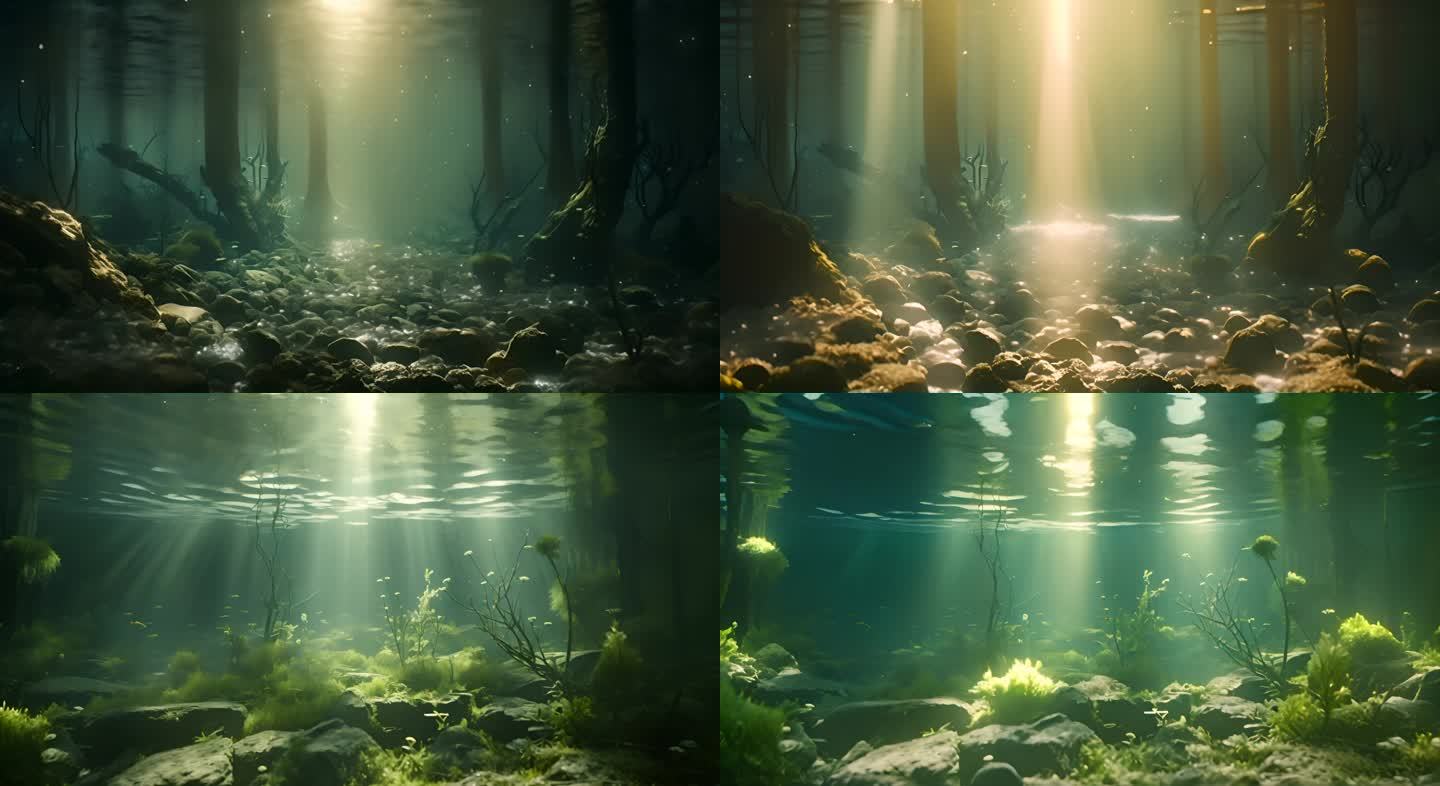 水下镜头视角森林水下鱼群热带