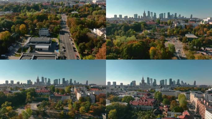 波兰首都华沙展示无人机飞行。混合道路交通，公园，老城区和摩天大楼的全景在后面。人，新旧建筑，精美多样