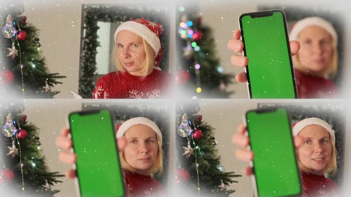 女孩在智能手机的绿屏上打字，屏幕上显示新年派对邀请函的广告邮件。