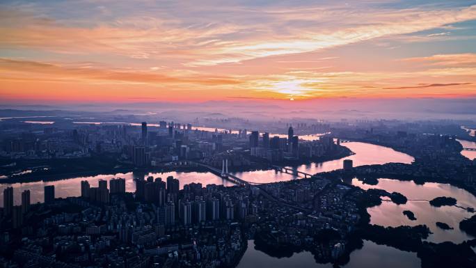 惠州城市日出大景航拍日出朝霞延时4K