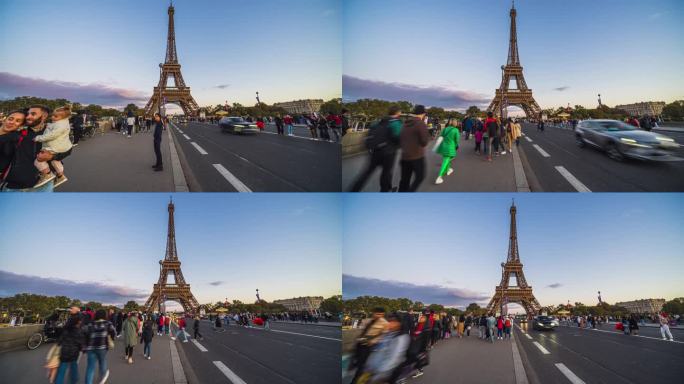 夏天，法国巴黎塞纳河上交通堵塞的iena桥上，一群游客在埃菲尔铁塔上散步和观光的时间流逝