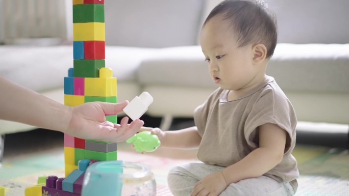小男孩在家玩玩具乐高积木智力开发看孩子