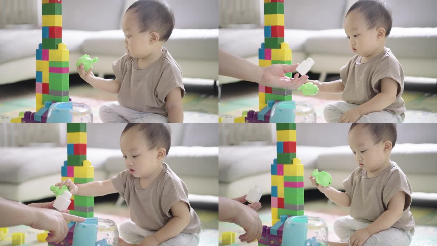 小男孩在家玩玩具乐高积木智力开发看孩子