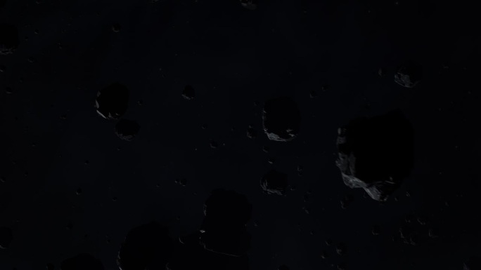 在黑暗的外太空中穿越小行星场的飞行宽滚推入镜头