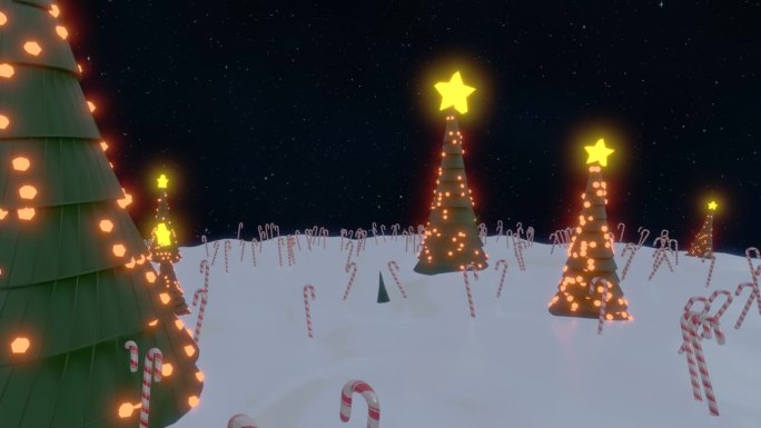 圣诞树上装饰着黄色的星星，它们站在雪地里