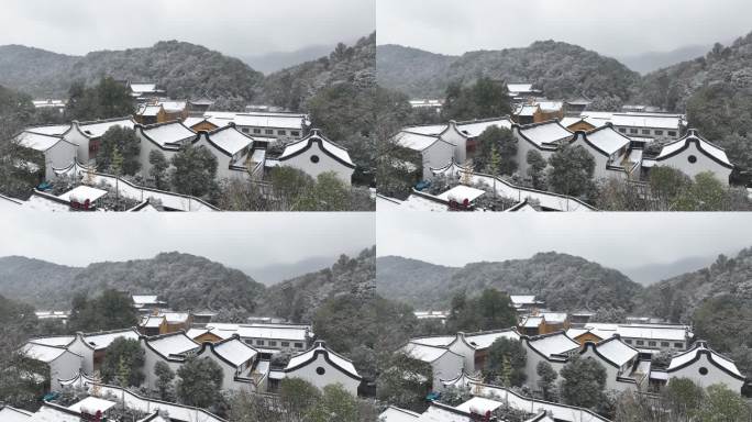 航拍杭州下雪雪中寺庙航拍