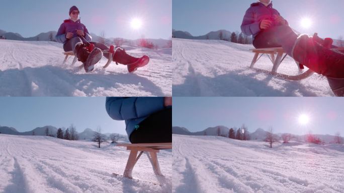 慢镜头，特写:一个漂亮的女人微笑着滑下雪坡