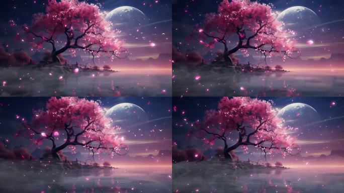 唯美月光桃树花瓣飘落