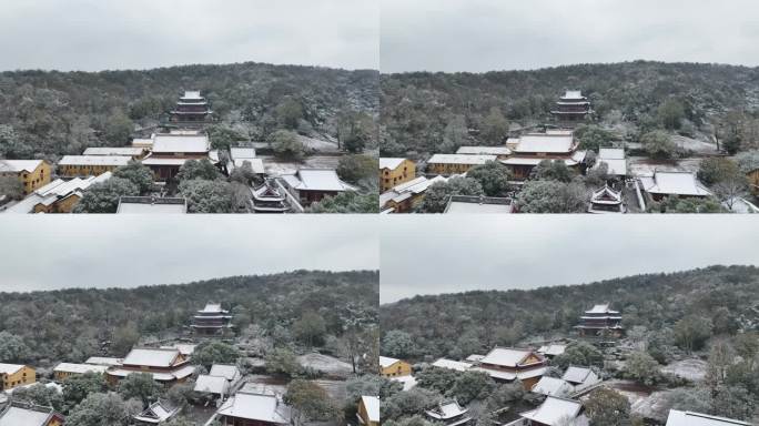 航拍杭州下雪雪中净慈寺