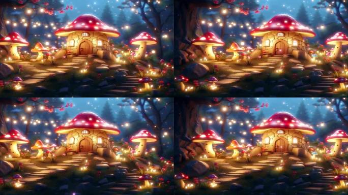 4K宽屏大屏卡通动漫童话蘑菇房子背景