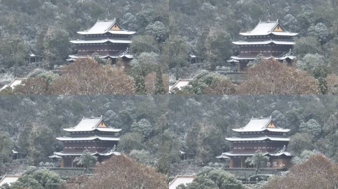 航拍杭州下雪雪中净慈寺