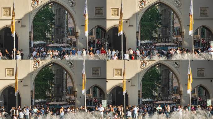 在德国慕尼黑的夏季，游客在卡尔斯广场或斯塔库斯广场散步和观光景点