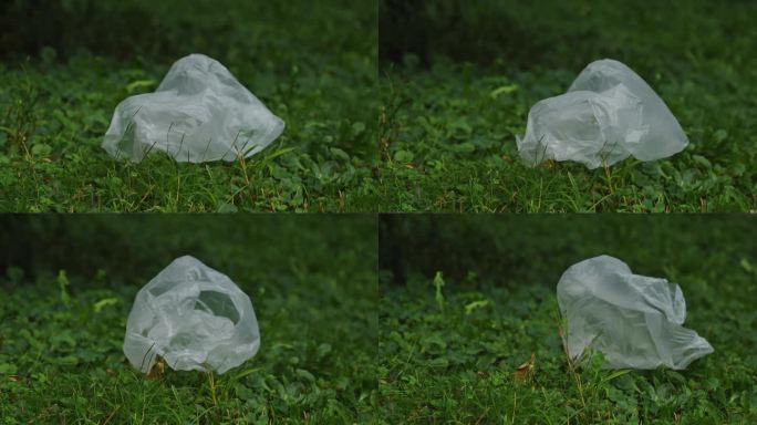 白色塑料袋被风吹起，飘起了草坪上的草，污染了环保观念