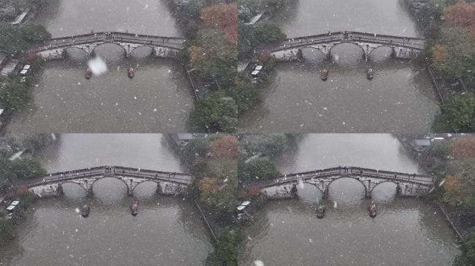 航拍杭州下雪拱宸桥景区