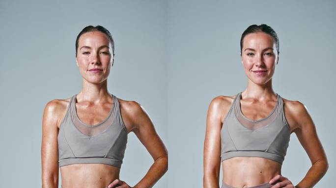 垂直视频工作室肖像的女人穿着健身房健身服装锻炼在普通的背景