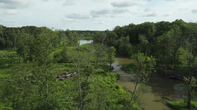 航拍显示美国密苏里州弗农县斯皮尔湖附近的植被沼泽。