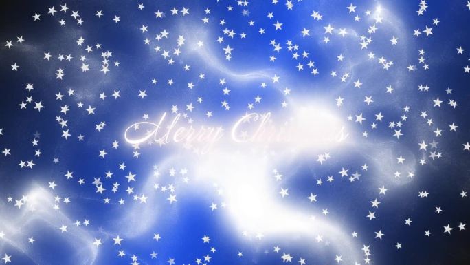 圣诞快乐问候文字与白色的彩色粒子，而发光的白色或银色的星星从上到下落在蓝色的背景。运动图形。