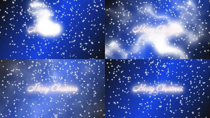 圣诞快乐问候文字与白色的彩色粒子，而发光的白色或银色的星星从上到下落在蓝色的背景。运动图形。