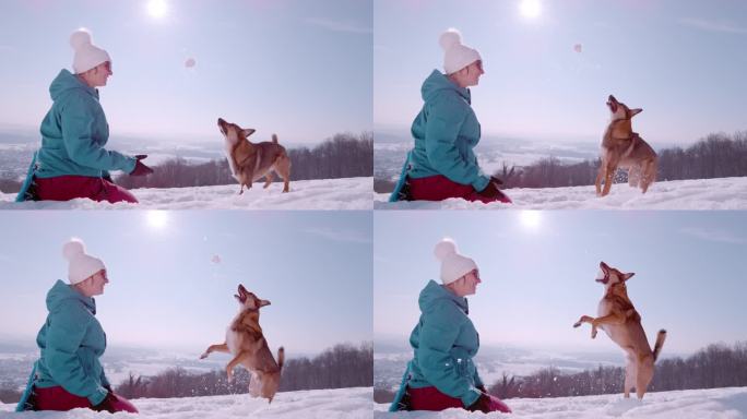 慢镜头，特写:微笑的女人向她可爱的顽皮的狗扔雪球