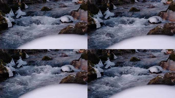 超级慢动作，特写:在雪岩之间流淌的山河