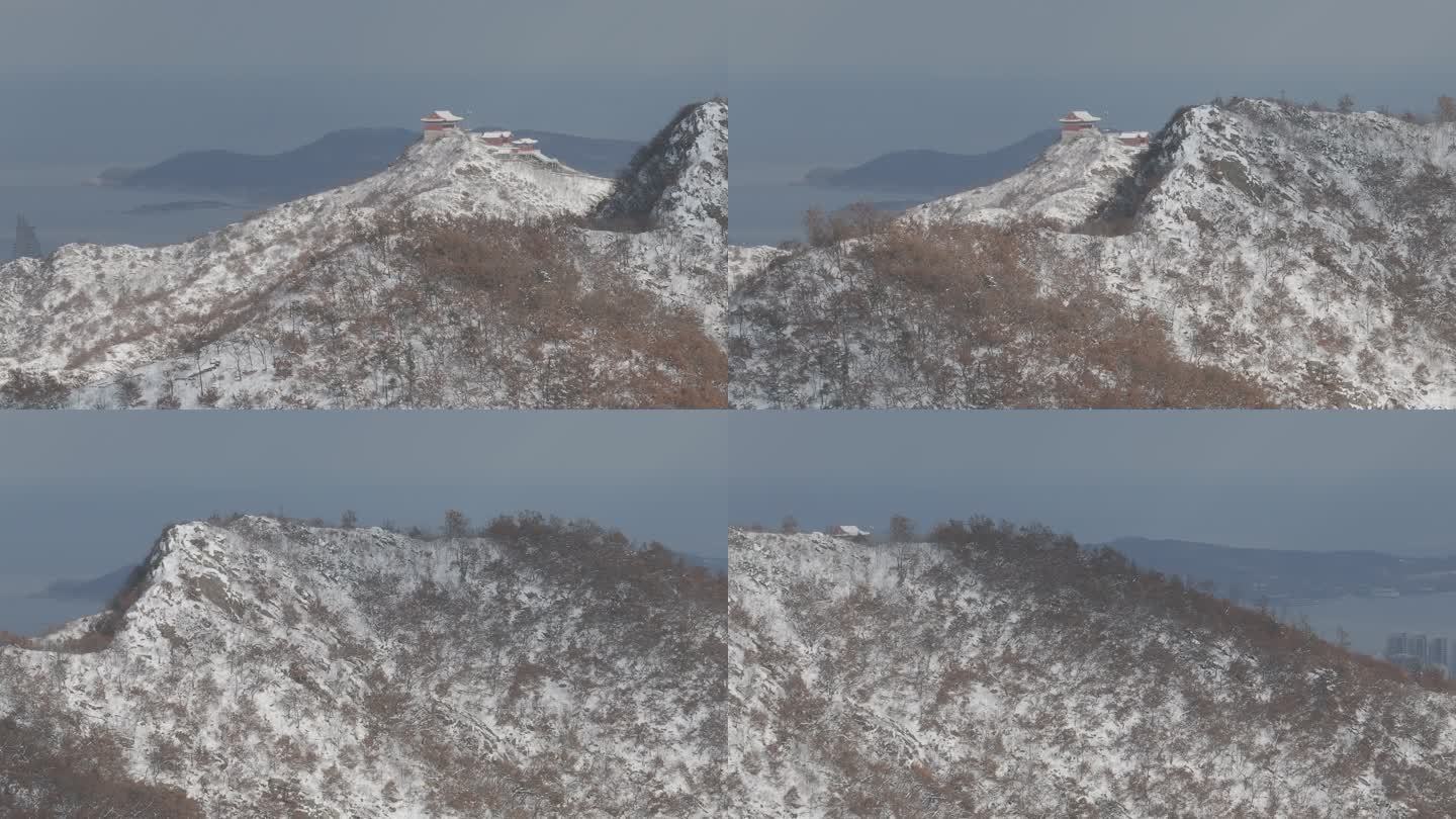 航拍威海市里口山仙姑顶仙姑庙威海湾雪景